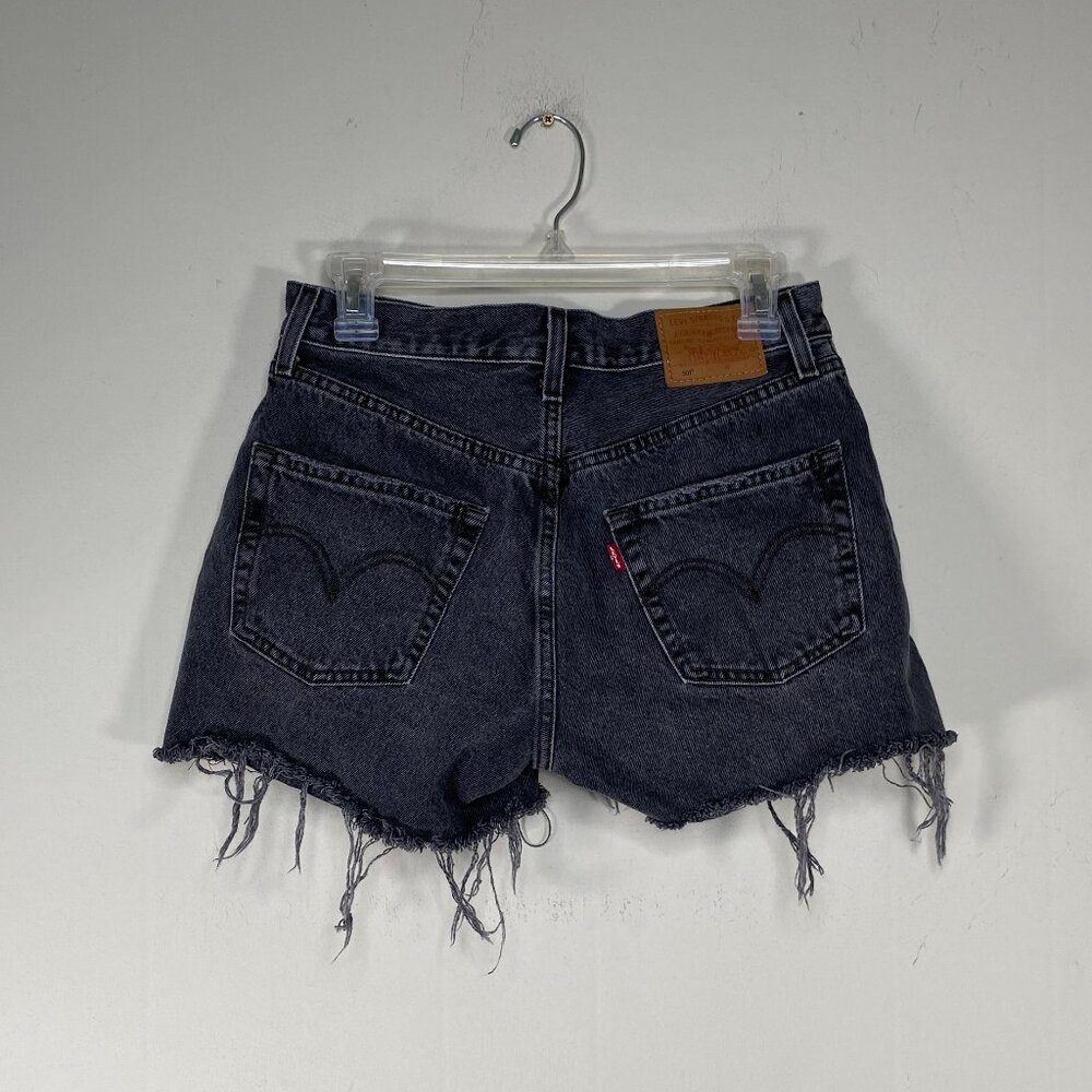 Levi's 501 Premium Denim Jean Shorts Women W27 Black-ish Gray Distressed Chewed - Picture 2 of 16